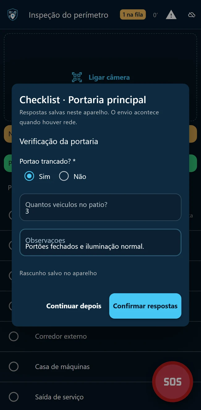 Checklist da portaria principal, com confirmação do portão fechado, três veículos e observação de iluminação normal.